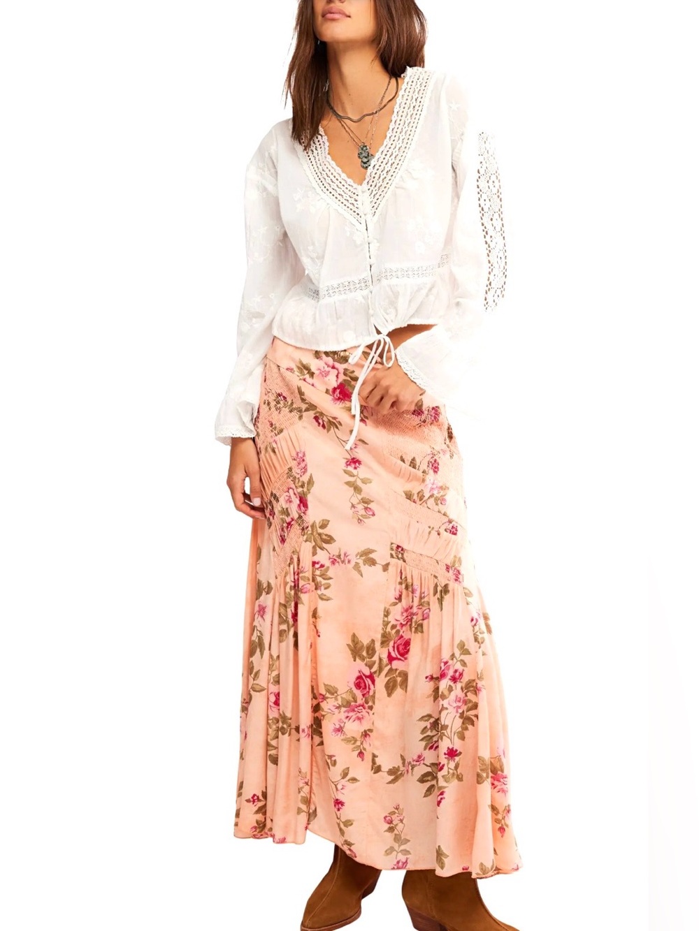 Free People Women's Peach Smocked Floral Maxi Skirt, NWT size 6 Flowy summer